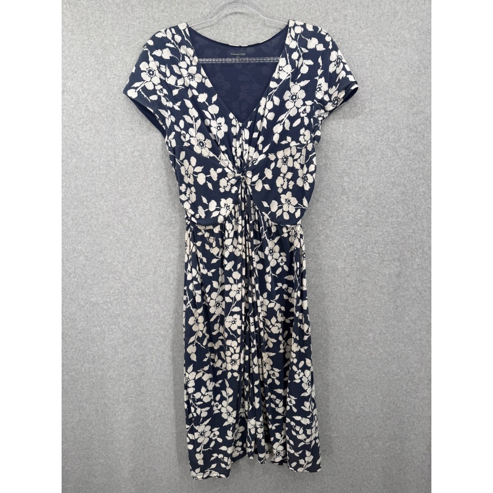 Garnet Hill Dress Women 04 Navy Blue Floral V-Neck Cap Sleeve Ruched Knee Length